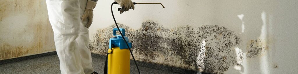 The image shows a person in white protective clothing using a yellow and blue spray tank to treat extensive black mold growth on a white wall.